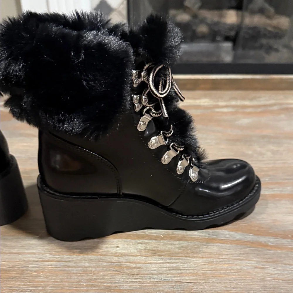INC Hannia Patent Faux Fur Lace-Up Wedge Booties‎ Black Size 5.5 NIB